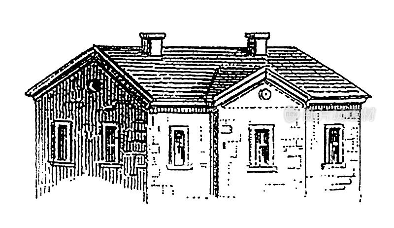 屋顶的房子|古董建筑插图